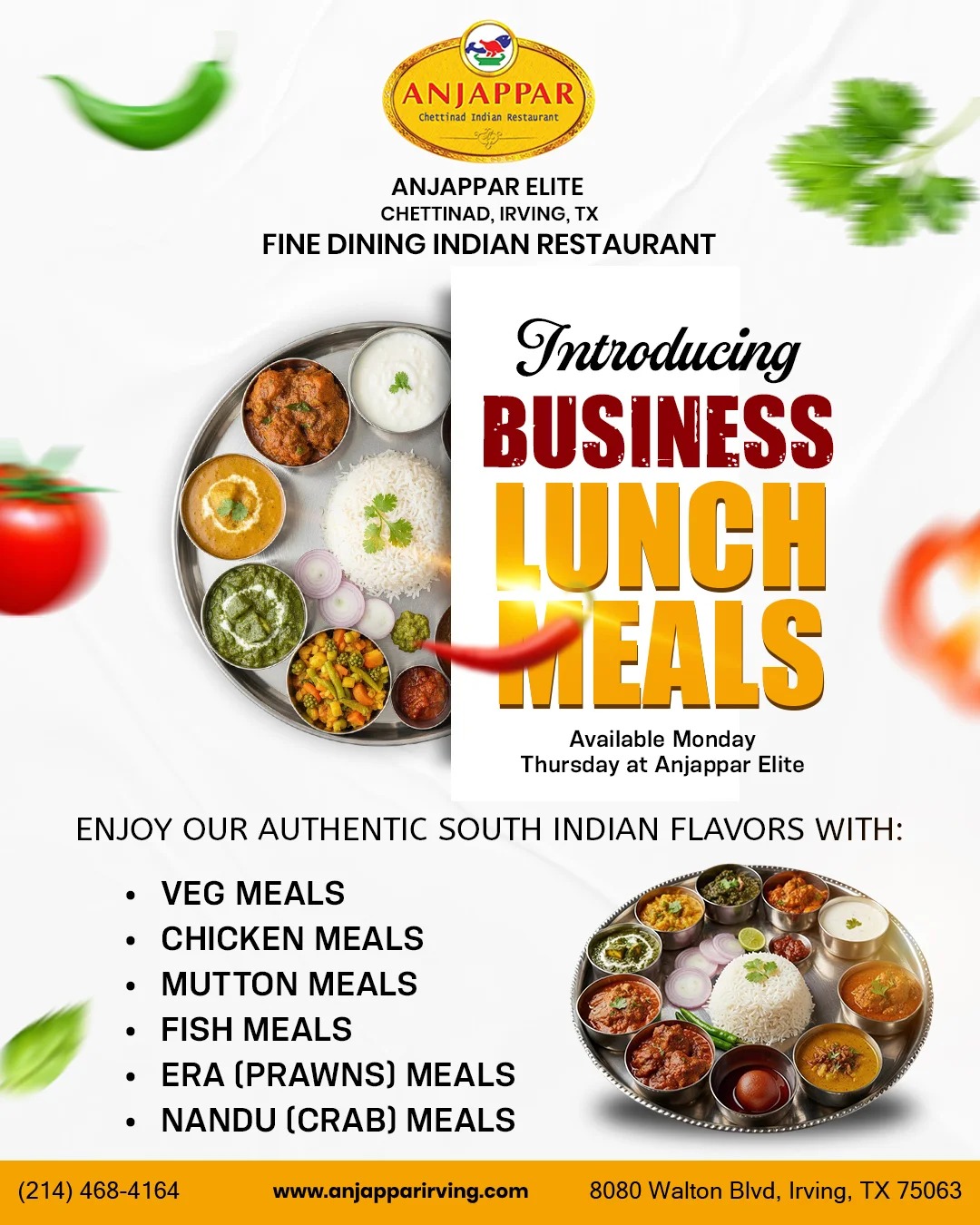 Business Lunch Meals Available Monday – Thursday at Anjappar Elite